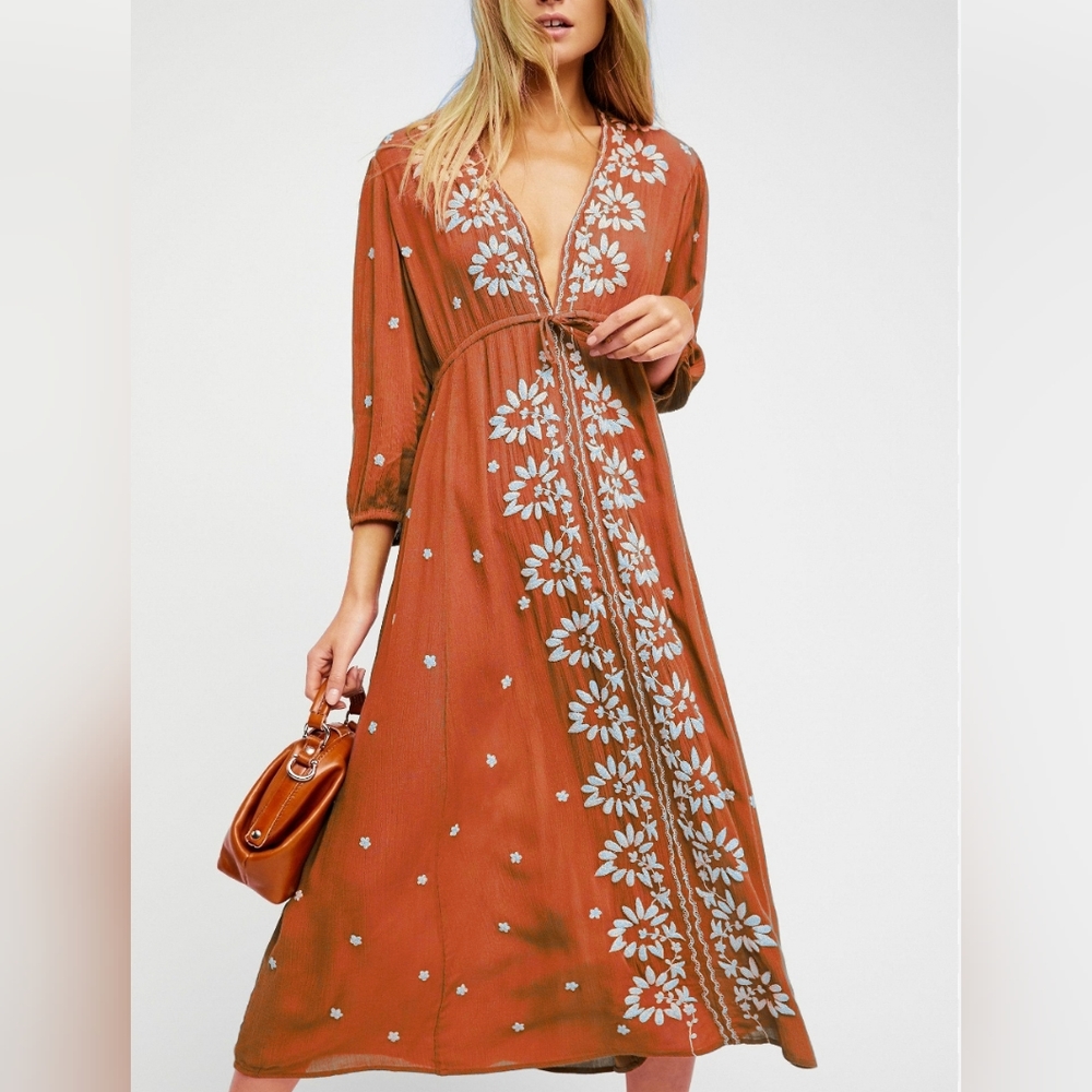 Free People Fable Embroidered Midi Dress Orange Boho Prairie Western Womens L
